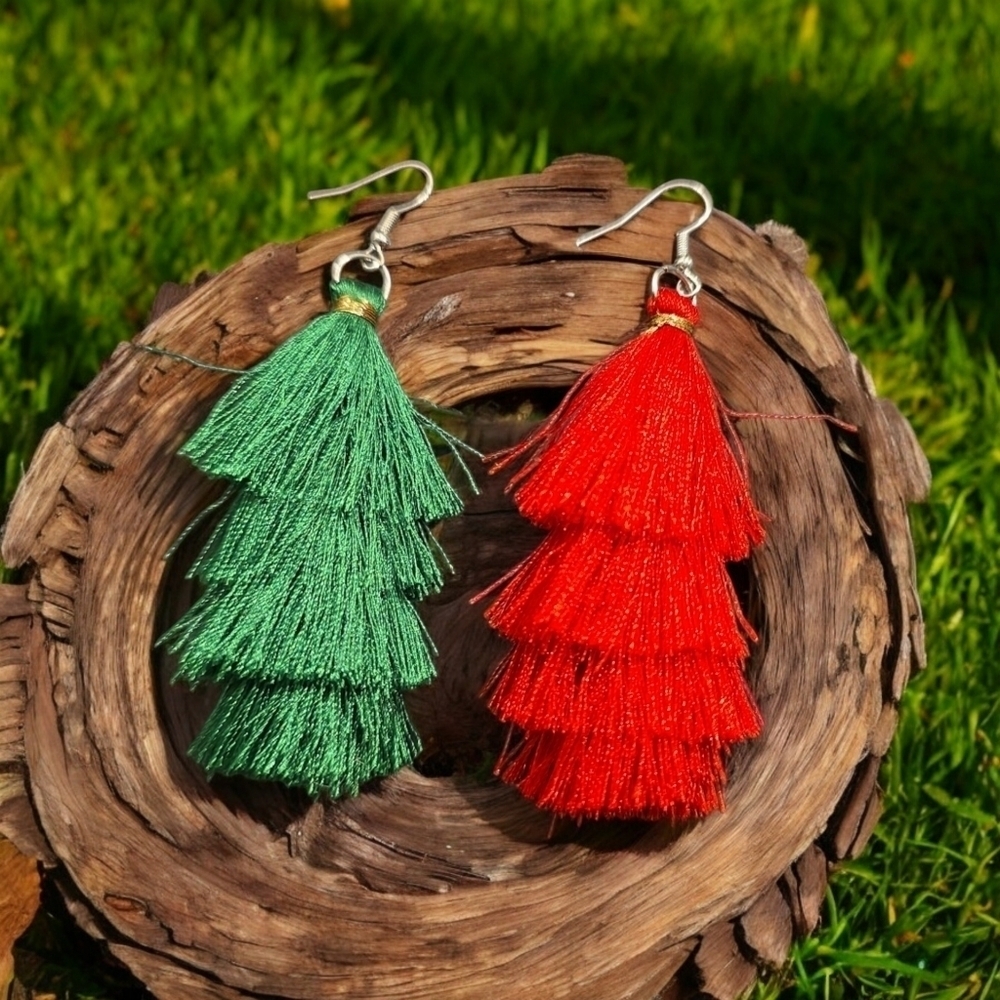 2 LEFT! Christmas Green And Red Tassel Festive Christmas Dangle Earrings